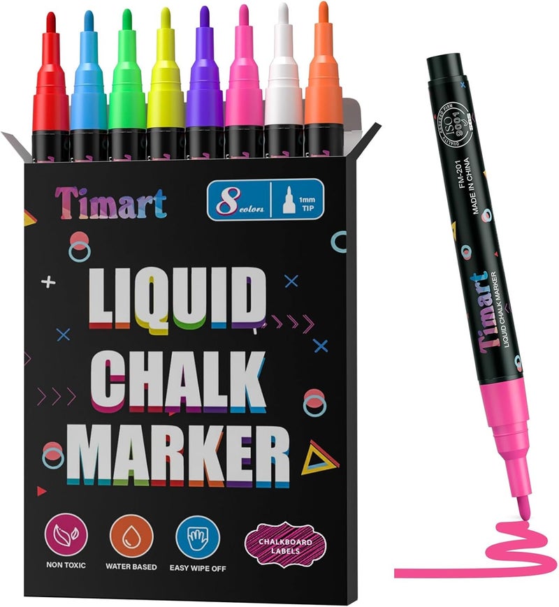 Timart Extra Fine Tip Chalk Markers (8 Pack 1mm Point), Liquid Chalk Pens - Dry Erase Marker Pens for Blackboard, Chalkboards, Windows, Glass, Bistro, Cars, Signs, Chalkboard Labels Included - Image 1